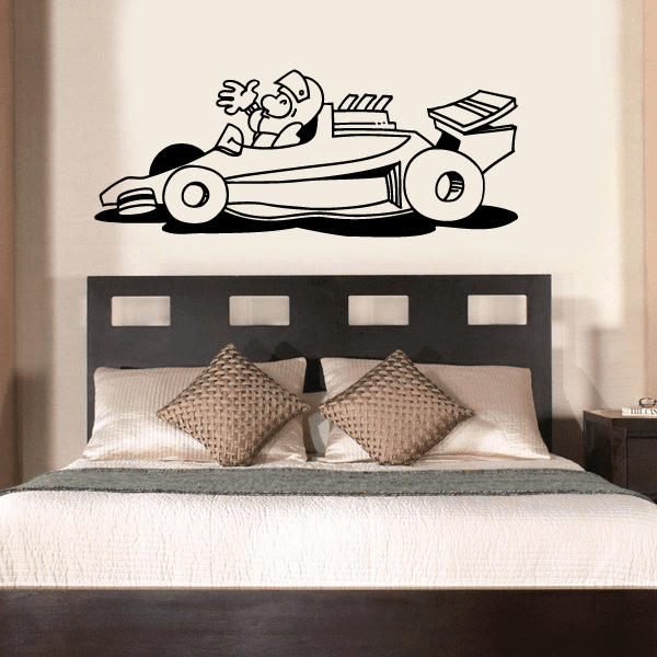 Cartoon Indy-style race car decal with driver, black line art