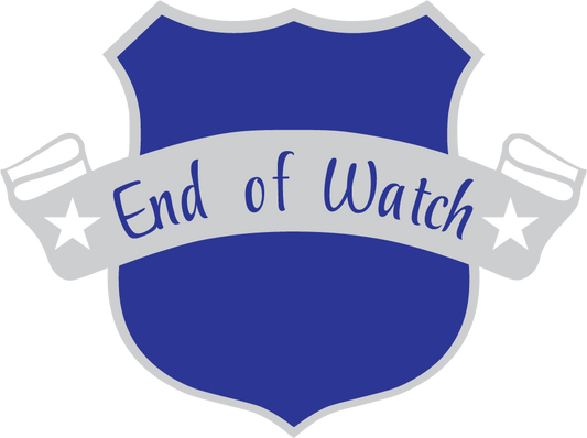 Blue shield sticker with ribbon banner, 'End of Watch' text and small stars