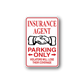 Red and white parking only sticker with insurance agent text and handshake icon