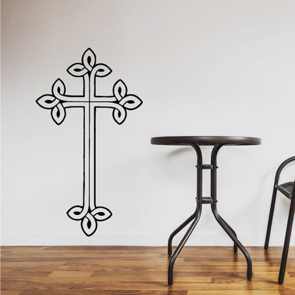 Celtic cross decal with intertwined knot pattern, black outline on white