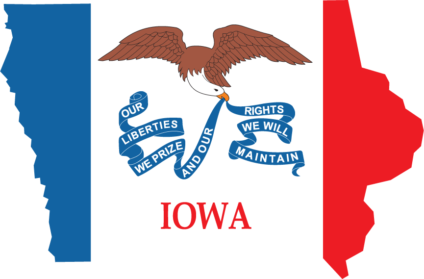 Iowa state flag sticker with eagle emblem and ribbon, blue red and white background