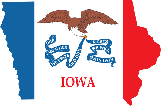 Iowa state flag sticker with eagle emblem and ribbon, blue red and white background