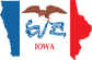 Iowa state flag sticker with eagle emblem and ribbon, blue red and white background