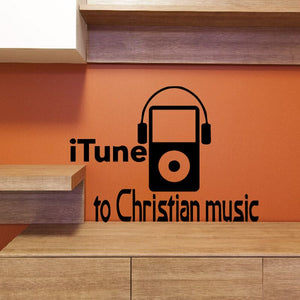 Headphones music wall decal with iTune to Christian music text and disc icon