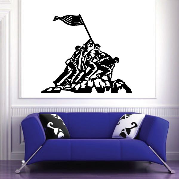 Military soldier wall decal with flag and kneeling figure, black and white
