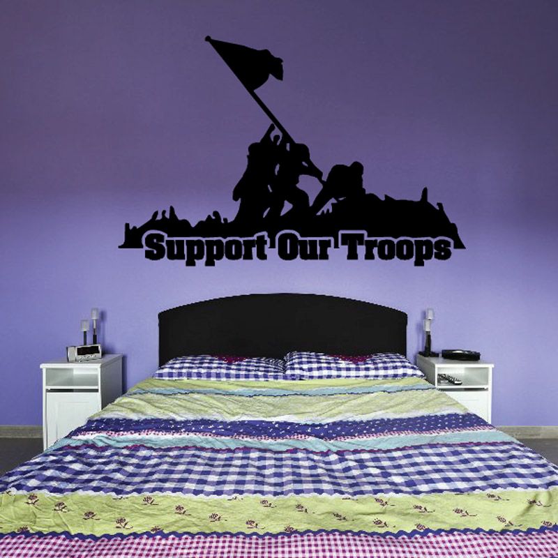 Iwo Jima Support Our Troops wall decal with flag-and-soldier silhouette and text