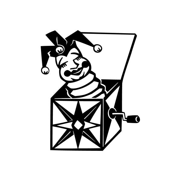 Jack-in-the-box vinyl decal sticker, black and white cartoon figure emerging from box