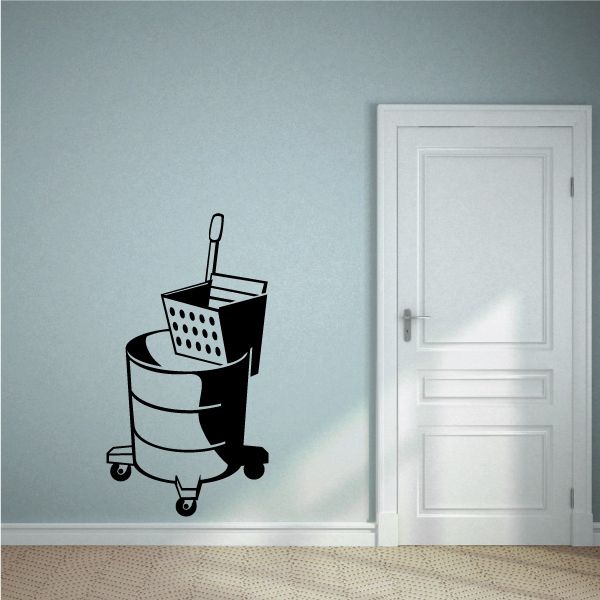 Janitorial mop bucket decal with mop and wringer on wheels