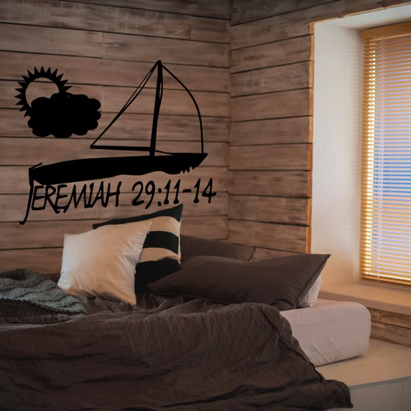 Wall decal in black reading Jeremiah 29:11-14 with decorative shapes