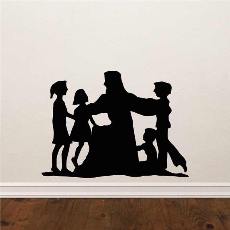 Religious wall decal silhouette of Jesus with children, seated and standing figures