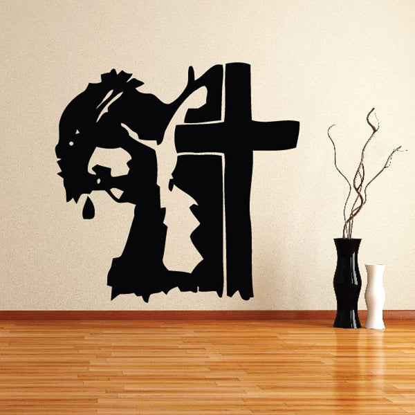 Jesus and cross wall decal, black silhouette with crown of thorns and hands