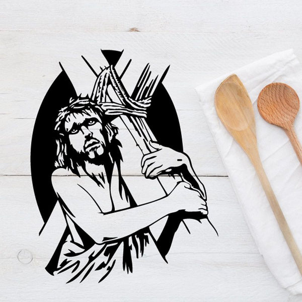 Jesus carrying the cross decal with bold black-and-white illustration on transparent backing
