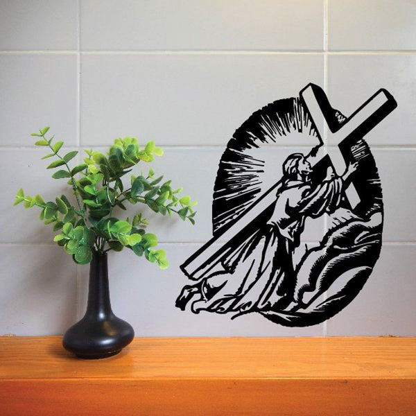Black Jesus carrying the cross wall decal with circular light rays