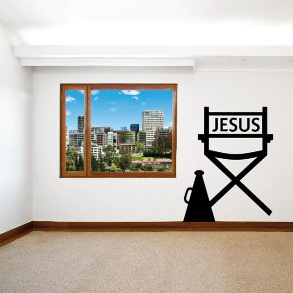 Jesus director chair wall decal with JESUS text and director chair cross icon