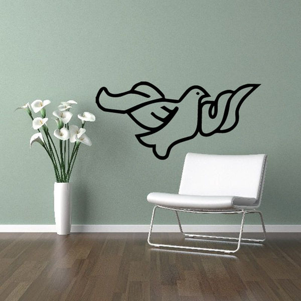 Black Jesus dove line-art wall decal, bird with ribbon-like scroll