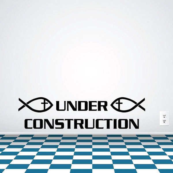 Under construction decal with fish symbols, black lettering, blue checkered stripe bottom