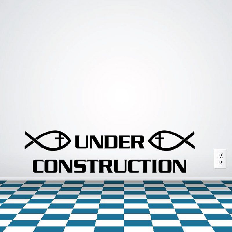 Under construction decal with fish symbols, black lettering, blue checkered stripe bottom