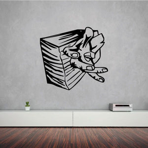 Cross decal with Jesus figure and outstretched nailed hands, black and white outline