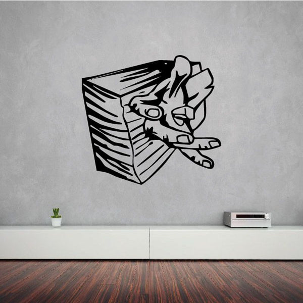 Cross decal with Jesus figure and outstretched nailed hands, black and white outline