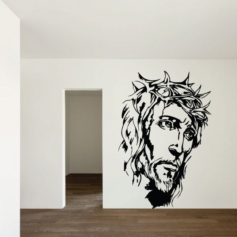 Jesus head decal with crown of thorns, black-and-white line art