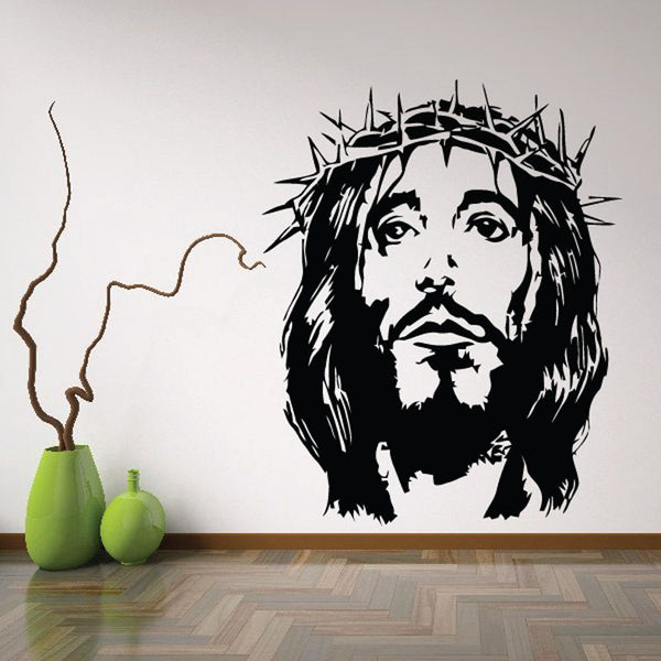 Jesus head wall decal with crown of thorns, black and white silhouette portrait
