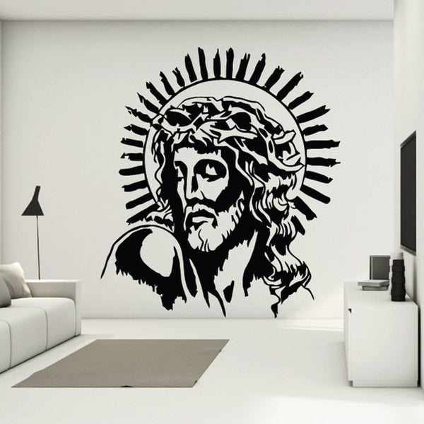Jesus head wall decal with spiked sun rays, black and white