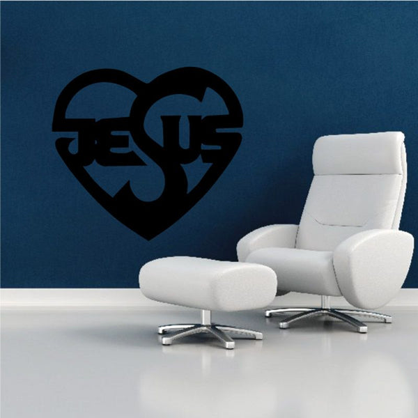 Black Jesus heart wall decal with stylized Jesus lettering inside heart