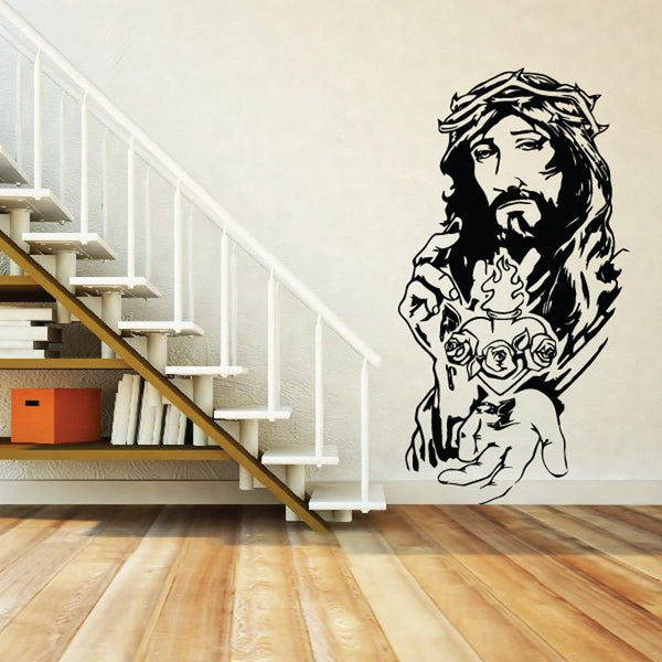 Jesus sacred heart decal, black outline line art figure holding flaming heart