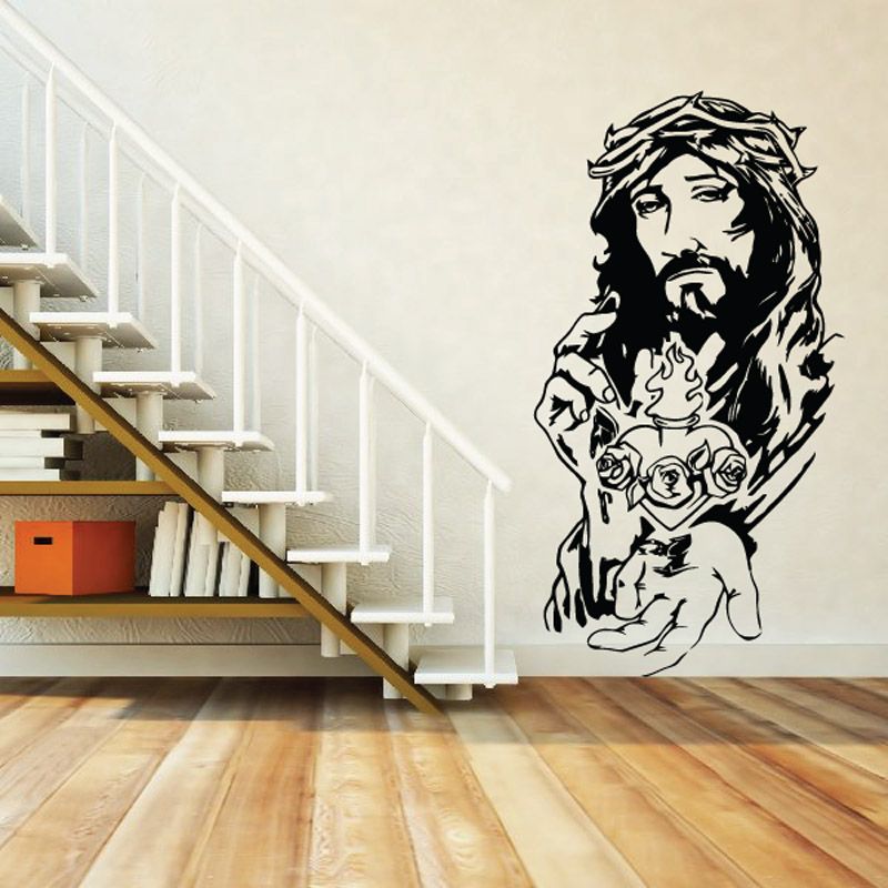 Jesus sacred heart decal, black outline line art figure holding flaming heart
