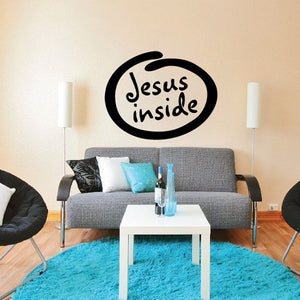 Vinyl wall decal, black circle with white Jesus inside lettering