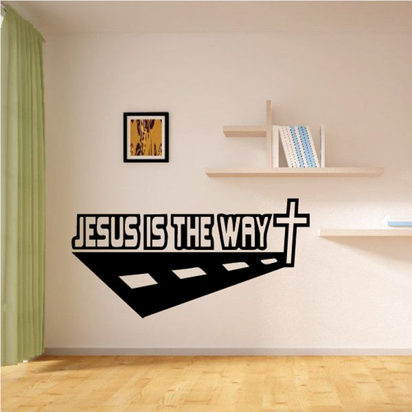 Wall decal with bold 'JESUS IS THE WAY' text and cross icon