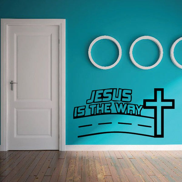 Wall decal: 'JESUS IS THE WAY' with large cross.