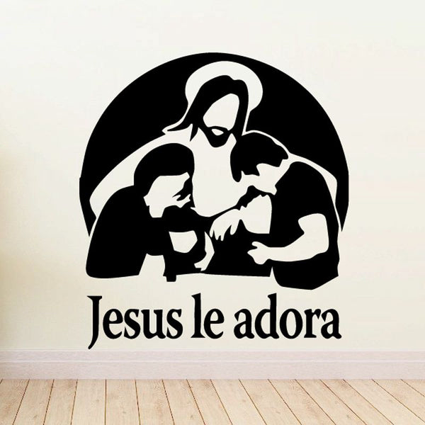 Religious wall decal showing Jesus with children and “Jesus le adora” text