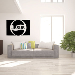 Jesus logo decal, black rectangle with circular JESUS text design