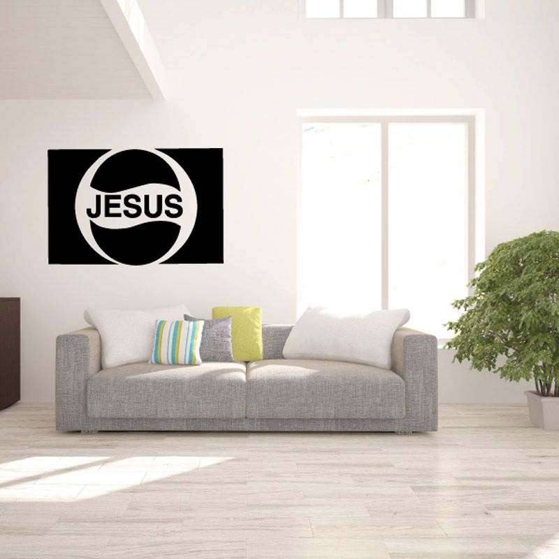Jesus logo decal, black rectangle with circular JESUS text design