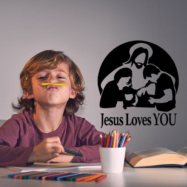 Religious wall decal, black circle with silhouette figures and 'Jesus Loves You' text