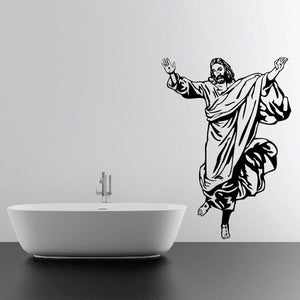 Jesus off the Cross wall decal with black line art of Jesus standing, arms raised