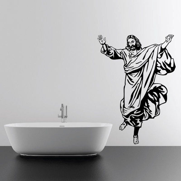 Jesus off the Cross wall decal with black line art of Jesus standing, arms raised