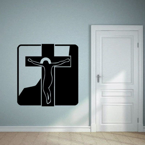 Jesus on cross wall decal in black panel with pale silhouette