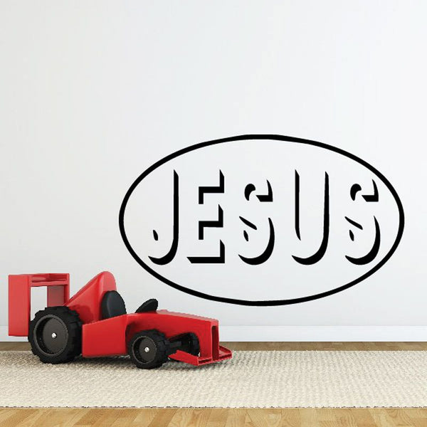 Oval decal with black border and Arabic-style script reading Jesus