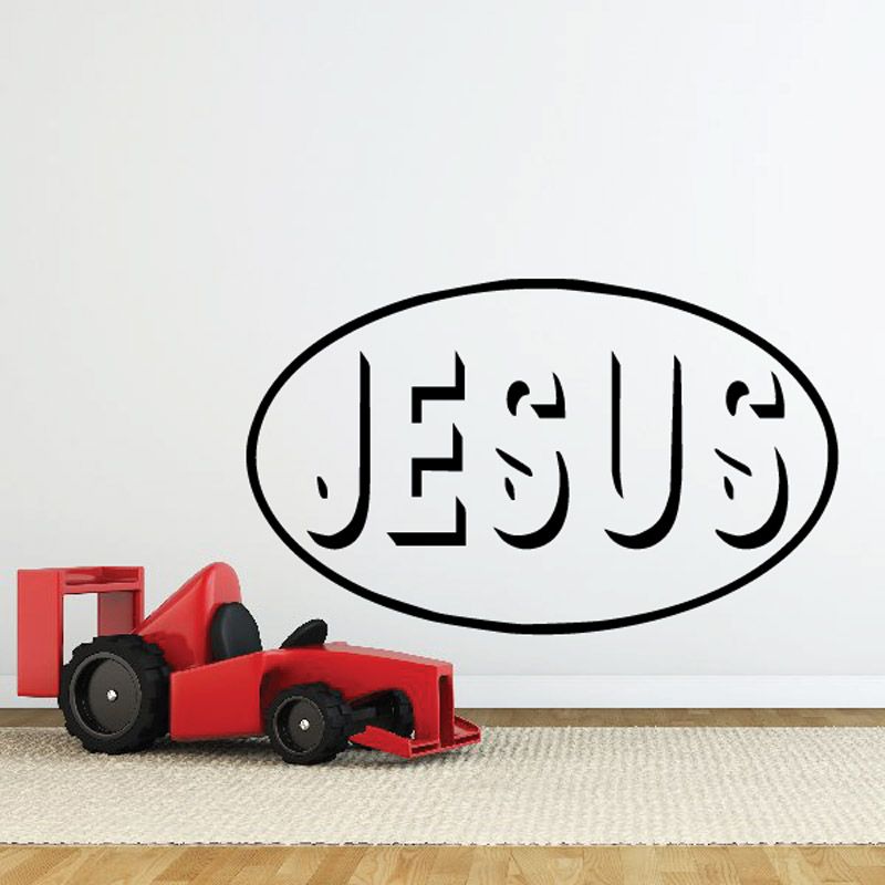 Oval decal with black border and Arabic-style script reading Jesus