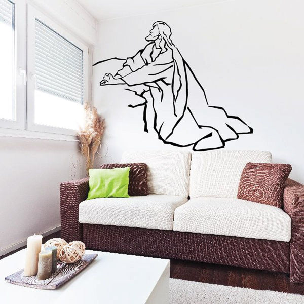 Religious wall decal: praying kneeling Jesus in black line art on mountain