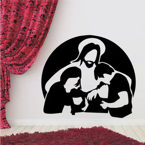 Black round praying silhouette wall decal with Jesus and others, white figures