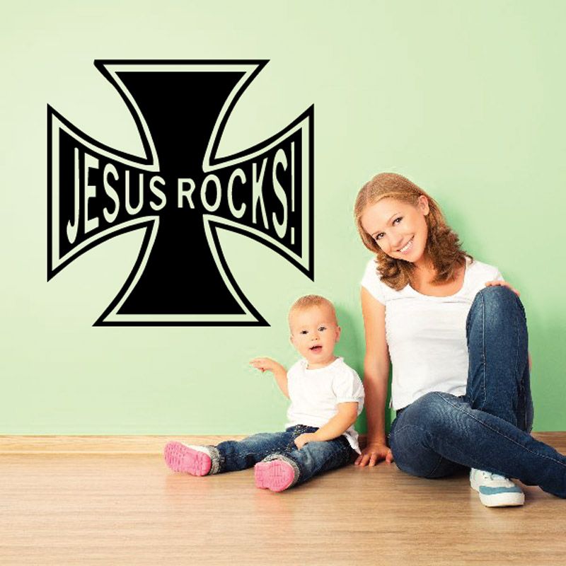 Iron cross decal with black cross and Jesus Rocks text