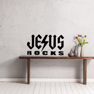 Black Jesus Rocks wall decal with lightning bolt typography.
