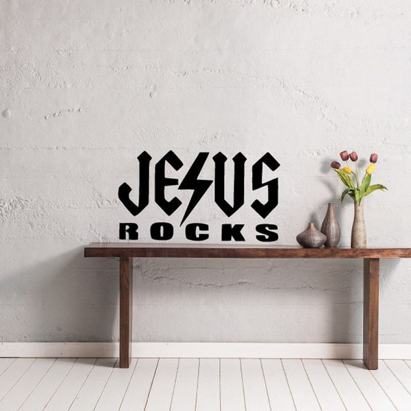 Black Jesus Rocks wall decal with lightning bolt typography.