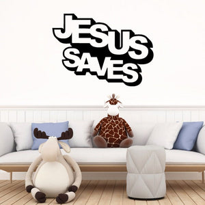 Jesus Saves wall decal with bold black lettering and cross