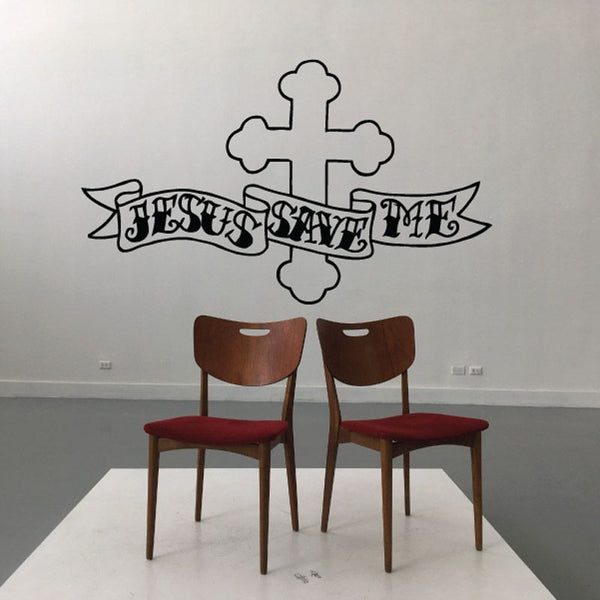 Wall cross decal with banner text reading “Jesus Saves Me”