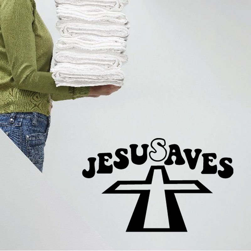 Jesus Saves wall decal with bold lettering and black cross design