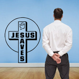Cross decal with sun outline and JESUS SAVES blue lettering